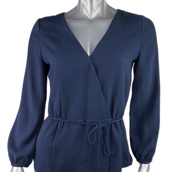 J. Crew | Navy Blue Faux Wrap Blouse V Neck and Side Zipper Size 8 Tall - Picture 4 of 10